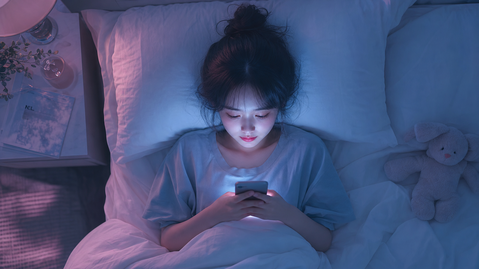 A person in bed at night holding a glowing smartphone, in soft pastel tones